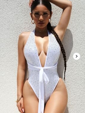 Fashion Nova White Rhinestone-Embellished Wrap Swimsuit